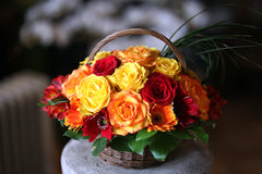 Gerbera & Rose centerpiece in glass square vase 4x4